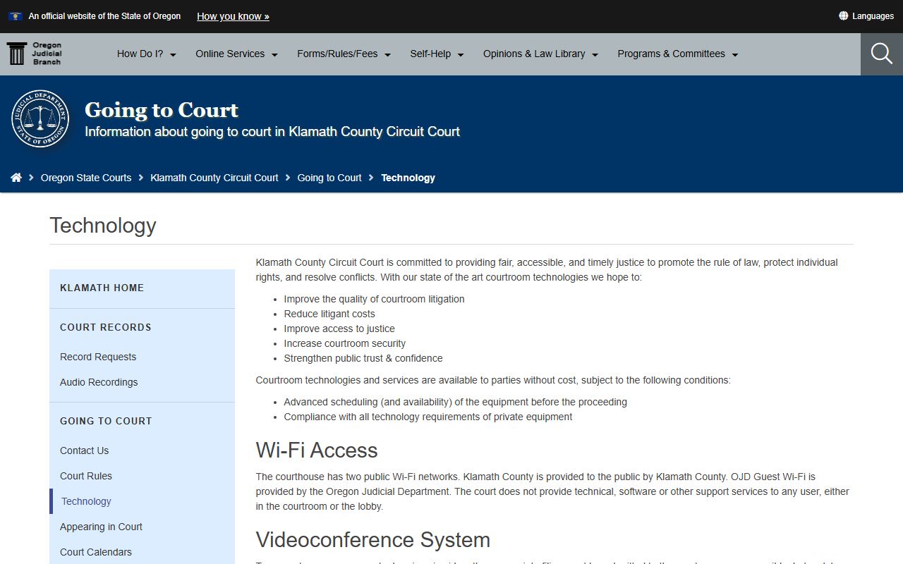 Klamath County court dockets technology and video appearance rules