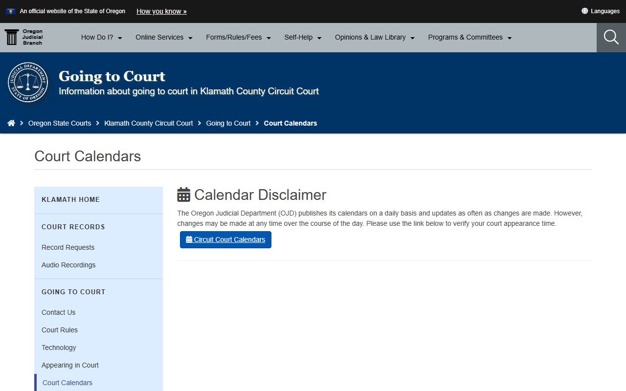 Klamath County court dockets Circuit Court calendar page