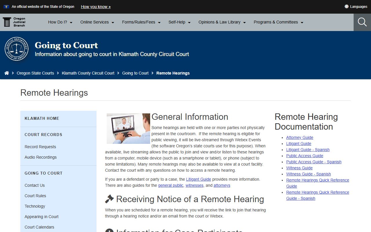 Klamath County court dockets remote hearing access