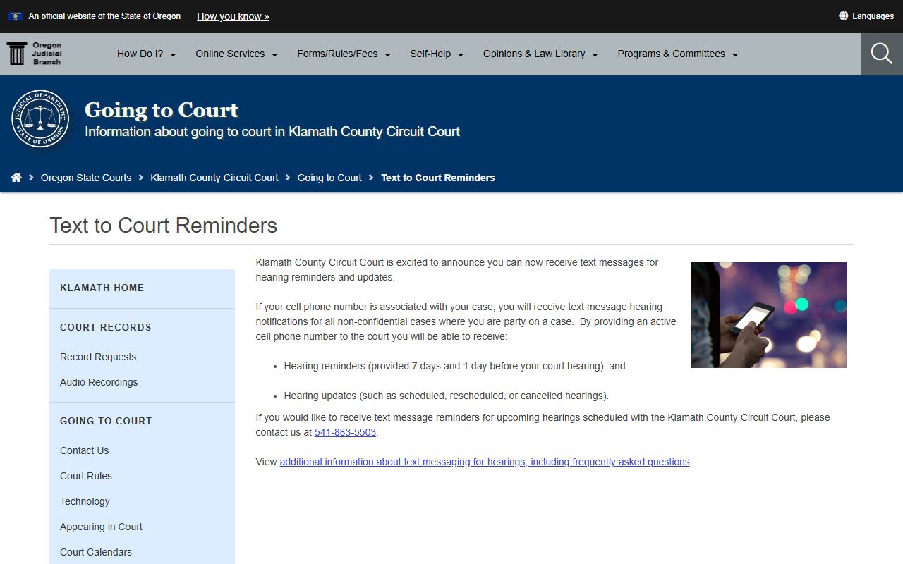 Klamath County court dockets text hearing reminders