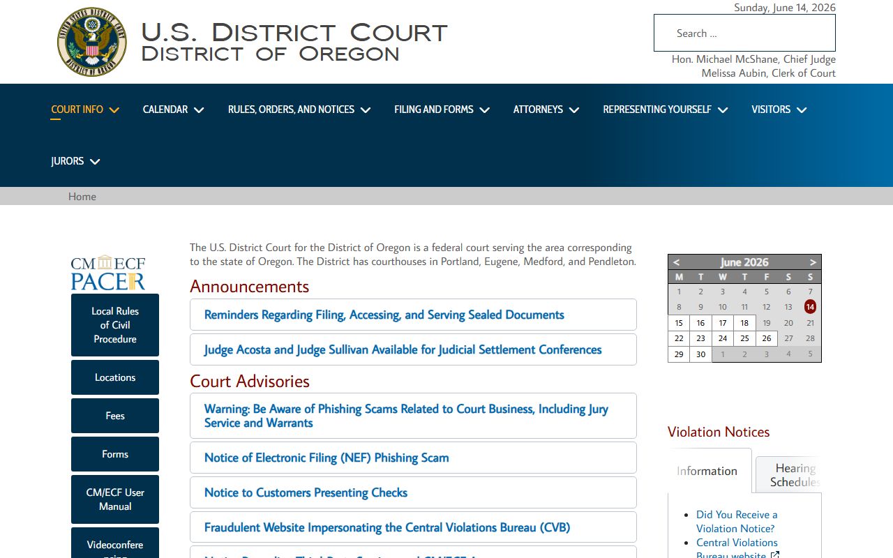 Klamath County criminal court records federal District of Oregon source