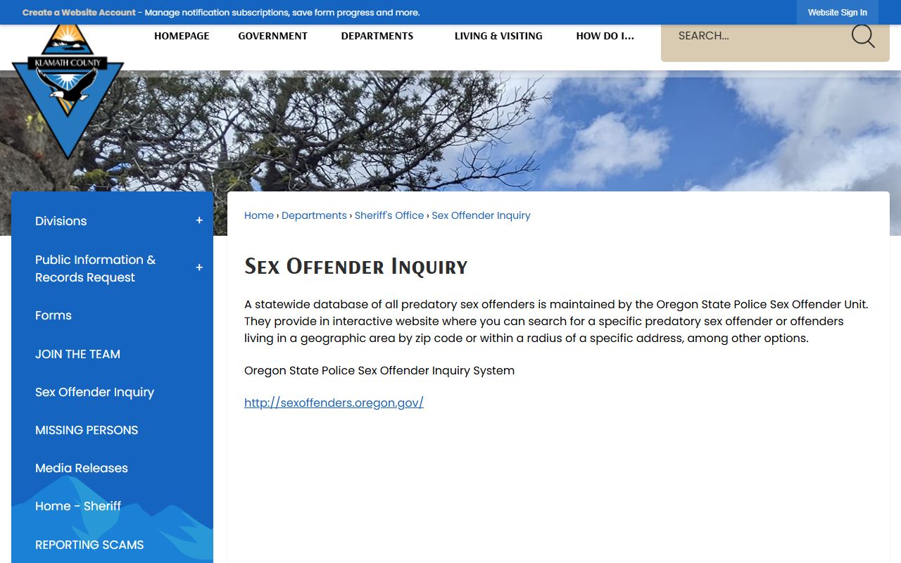 Klamath County Circuit Court related sex offender inquiry records