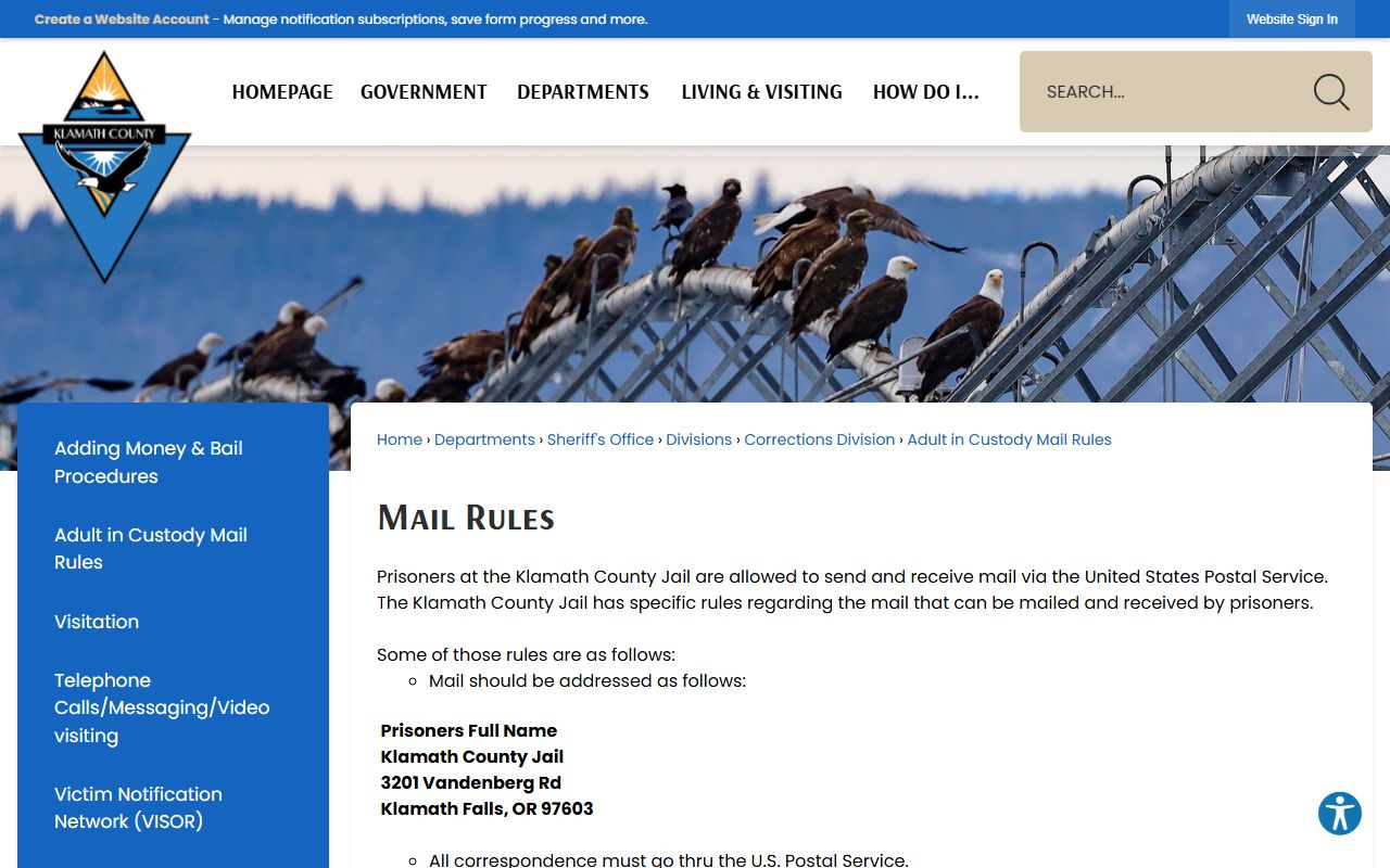 Klamath County inmate records jail mail rules source