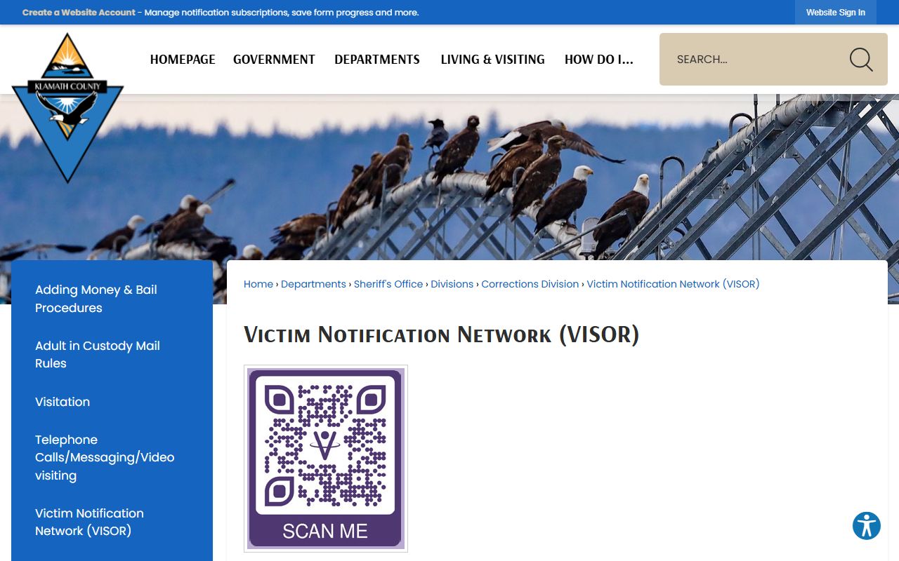 Klamath County inmate records VISOR custody notification source