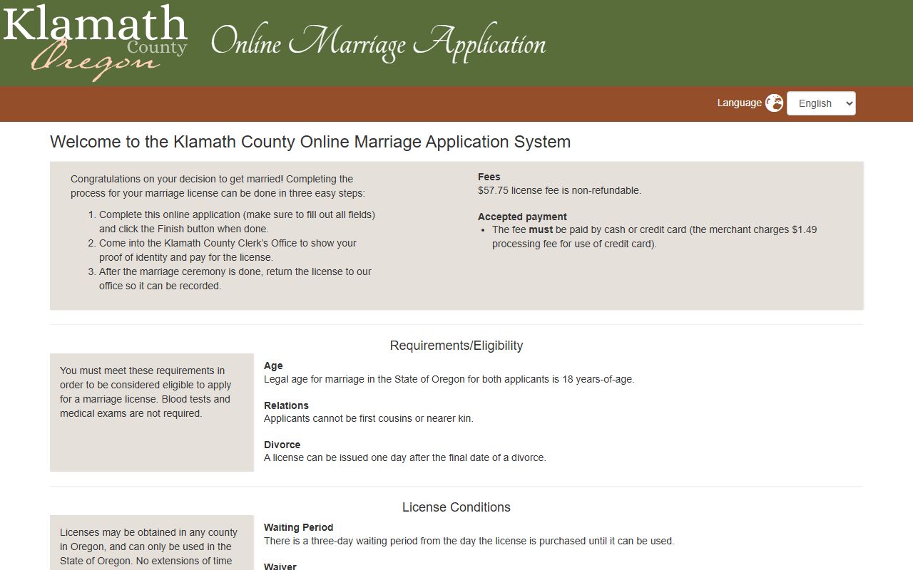 Klamath County marriage records online application page