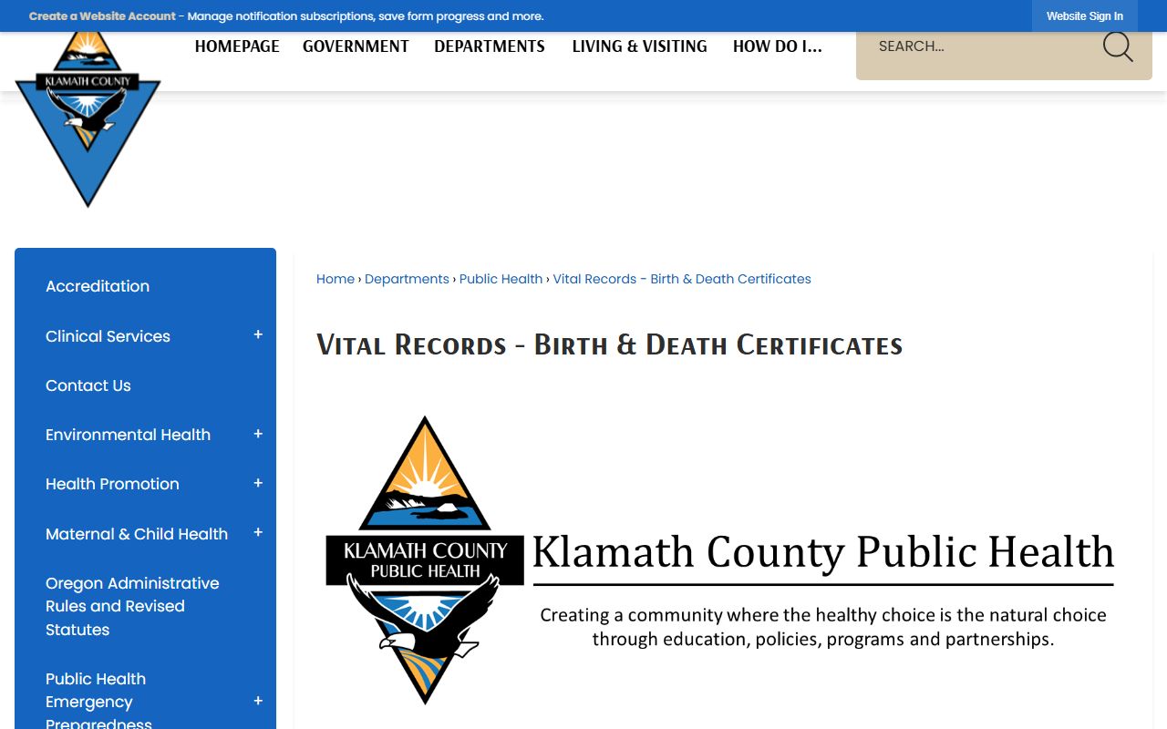 Klamath County marriage and divorce records Public Health vital records page