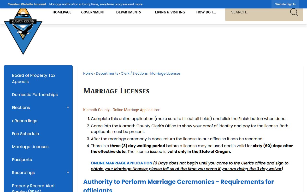 Klamath County marriage records marriage license source page