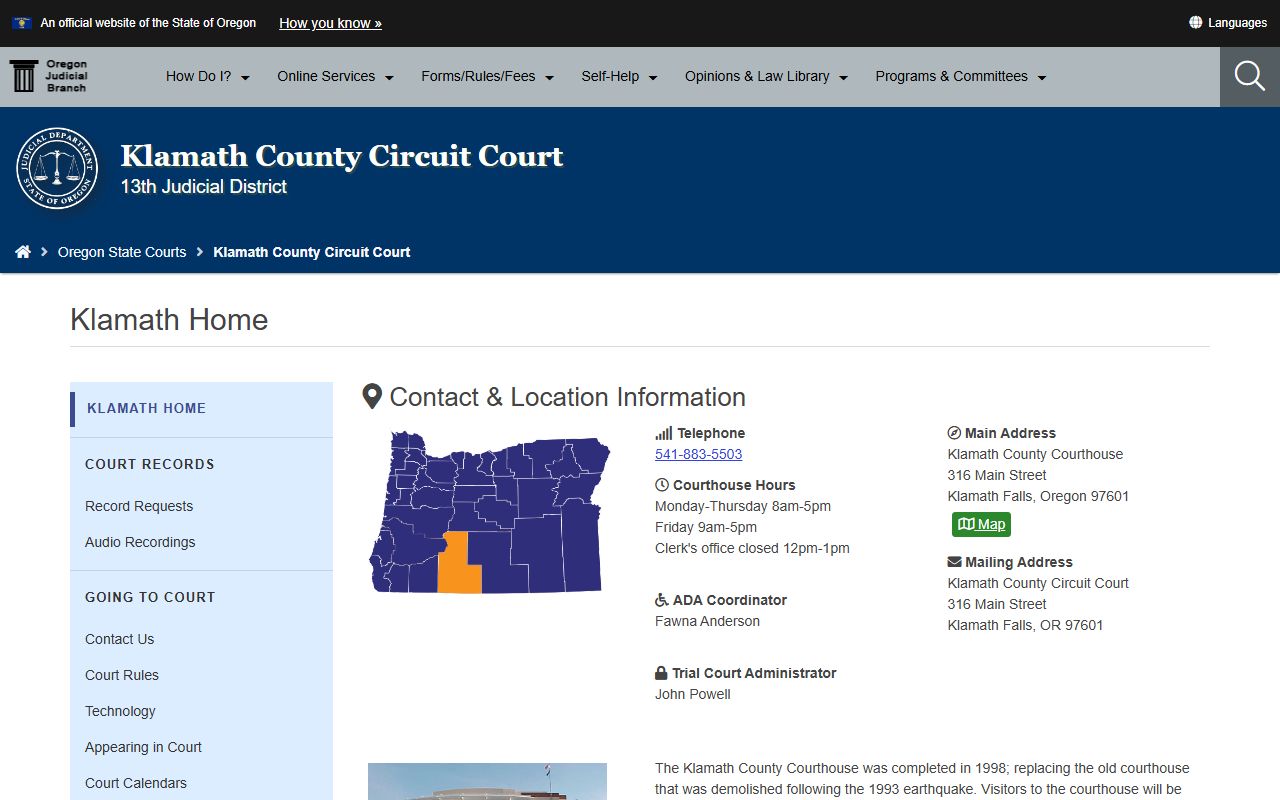Klamath County Court courthouse records access page