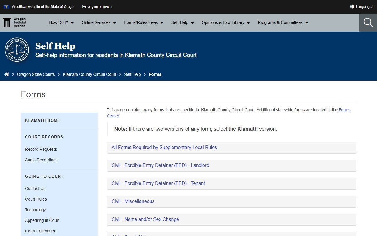 Klamath County probate records Circuit Court forms page