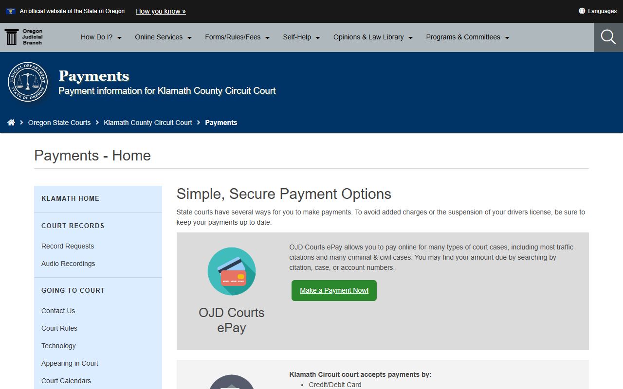 Klamath County traffic court records Circuit Court payment page