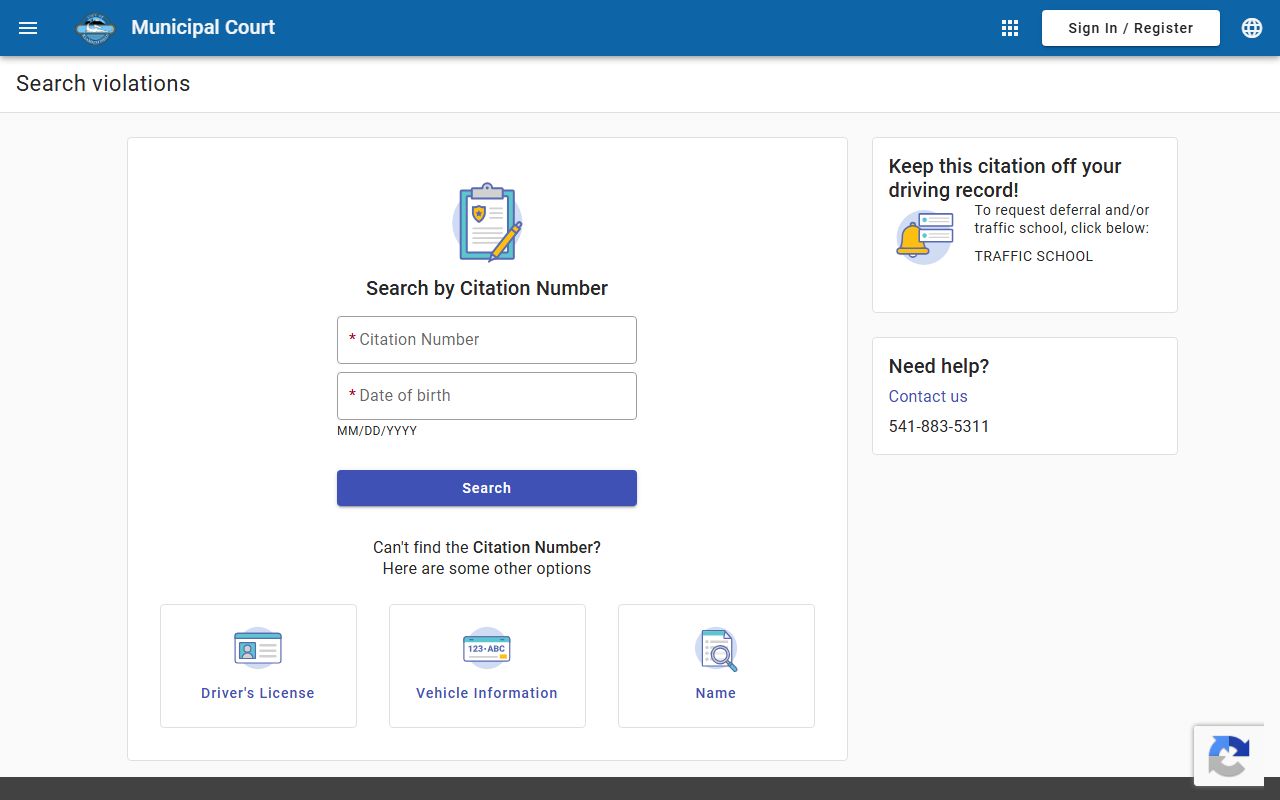 Klamath County traffic court records Municipal Online Payments search fields