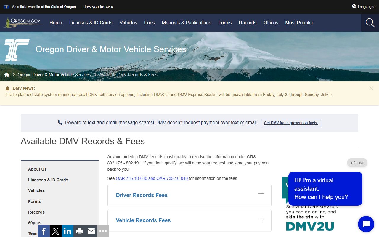 Klamath County traffic court records Oregon DMV fee schedule